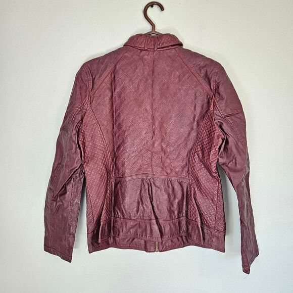 Vintage Guess '90s Burgundy Faux Leather Mandarin Neck Quilted Moto Jacket XL - Picture 3 of 16